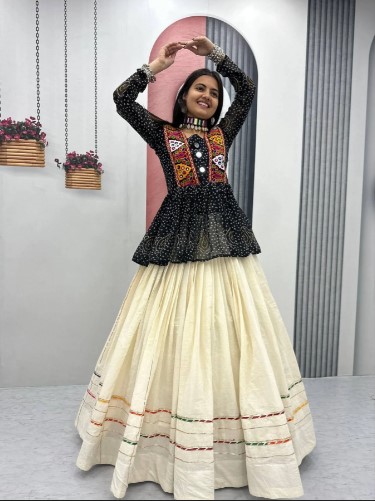 Black Bandhej Khadi Cotton Lehenga with 6 Meters (Grand Flare)